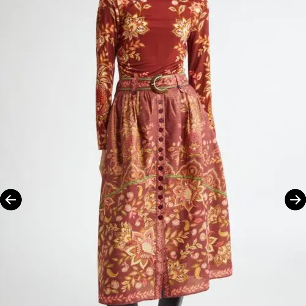 Farm Rio Floral Rust Midi Skirt with Belted Waist